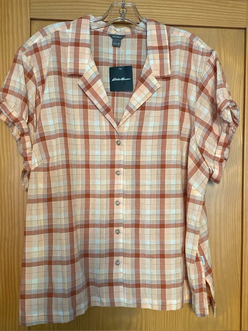 Eddie Bauer Women’s Plaid Apricot  Packable Camp Shirt NWT